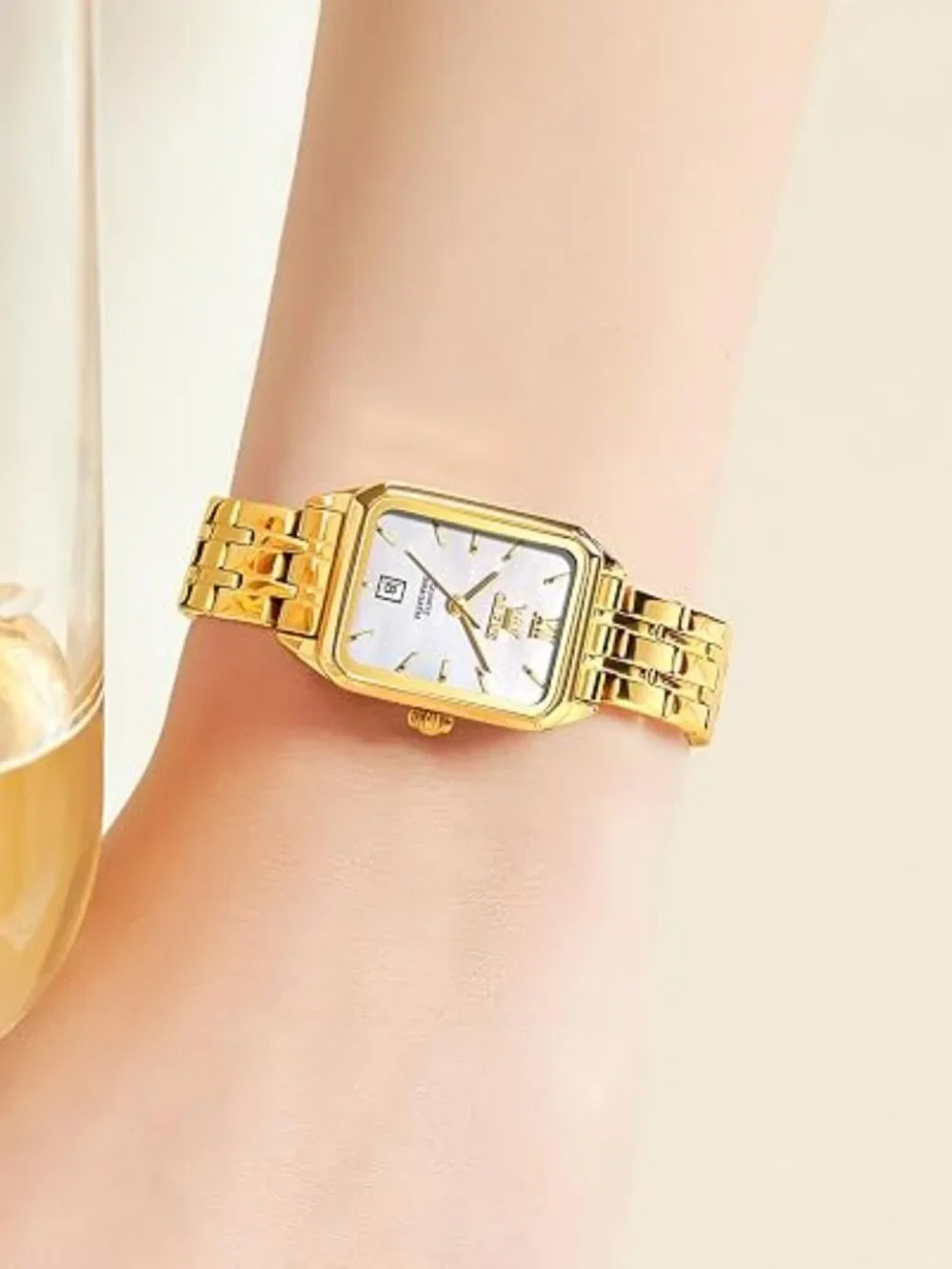 OLEVS Square Watch Gold Stainless Steel Bracelet Ladies Small Face Watches
